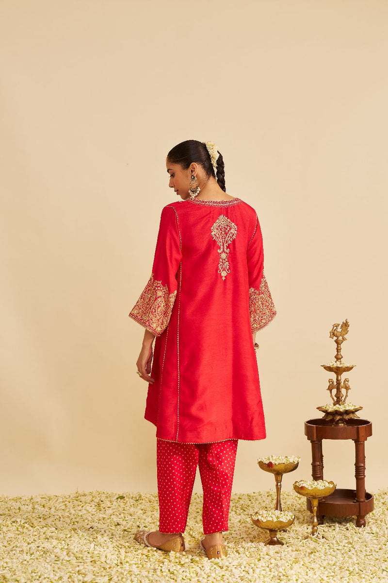 Niyah - Short Chauga With Salwar-Red silk by SHEETAL BATRA in red color for women Worldwide