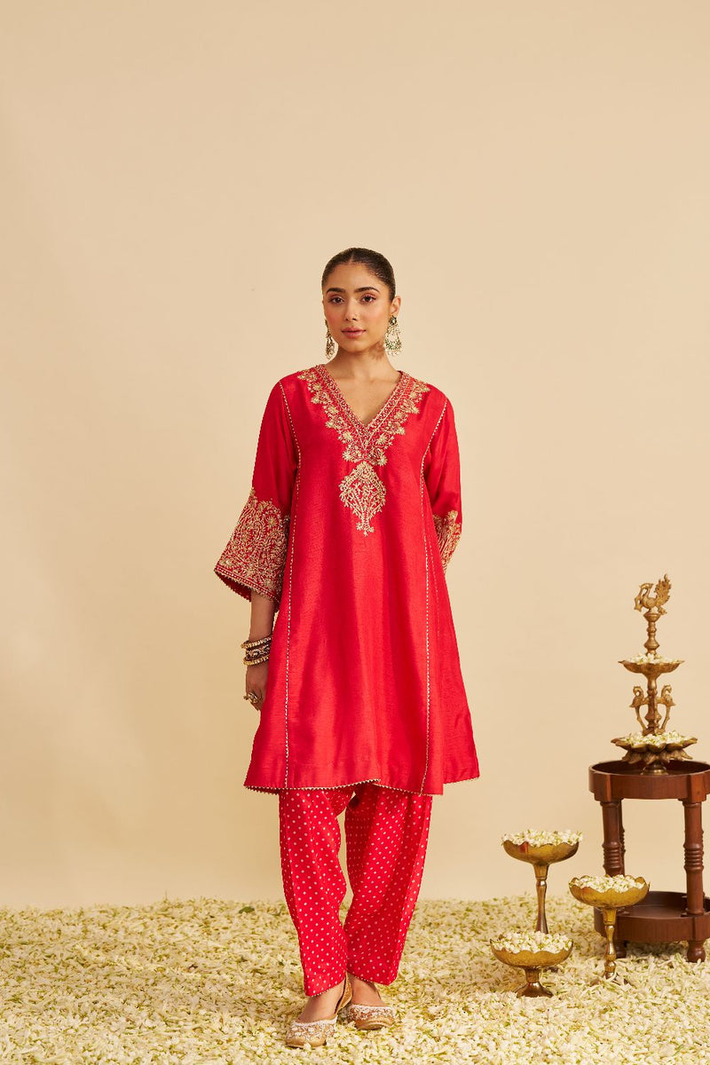 Niyah - Short Chauga With Salwar-Red silk by SHEETAL BATRA in red color for women Worldwide