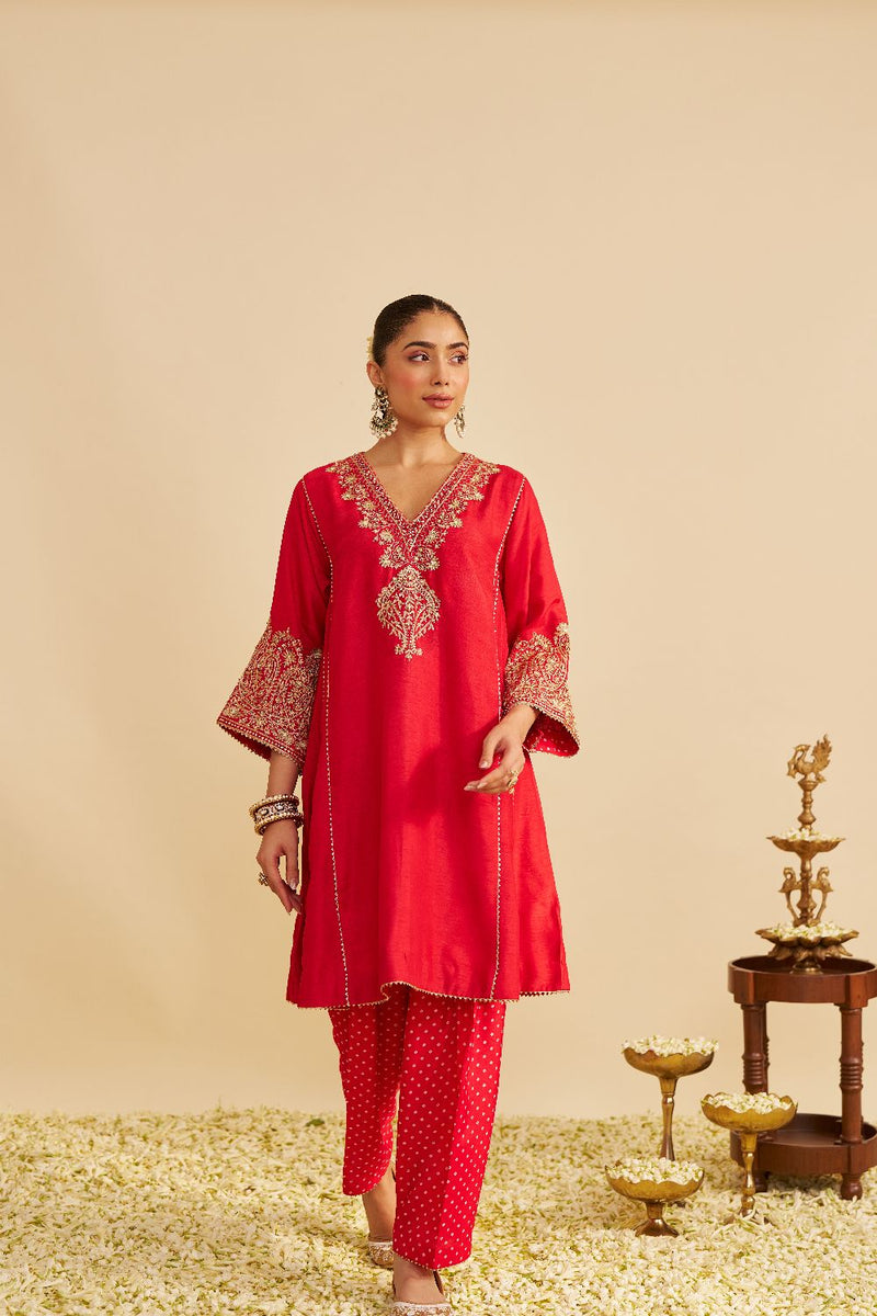 Niyah - Short Chauga With Salwar-Red silk by SHEETAL BATRA in red color for women Worldwide