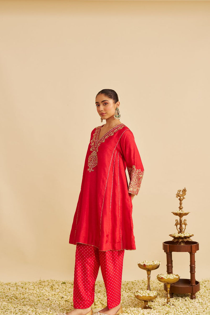 Niyah - Short Chauga With Salwar-Red silk by SHEETAL BATRA in red color for women Worldwide