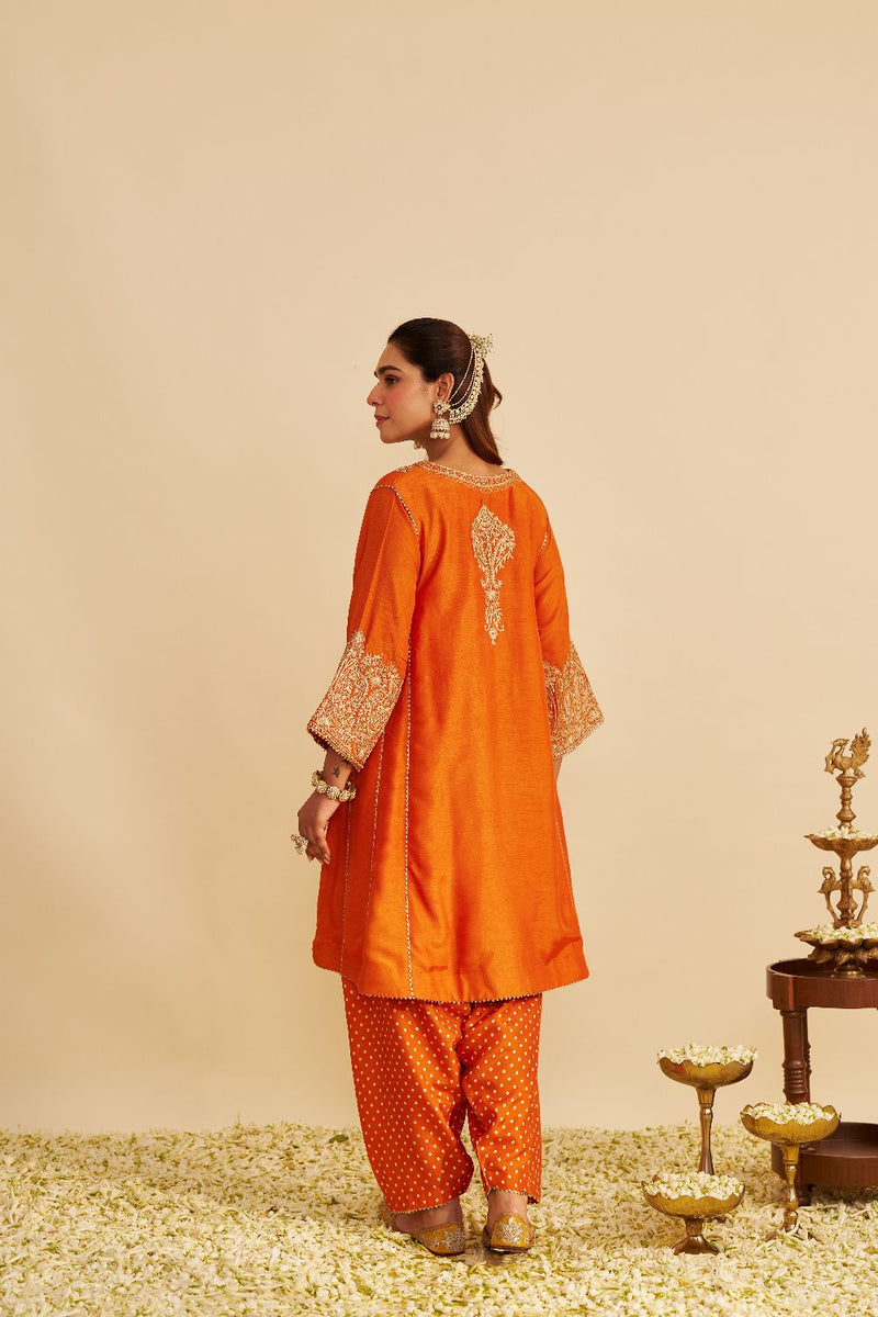 Niyah - Short Chauga With Salwar-Orange silk by SHEETAL BATRA in orange color for women Worldwide