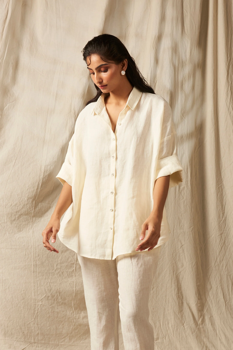 Taj Linen Oversized Flare Shirt Set linen by Saphed in white color for women Worldwide