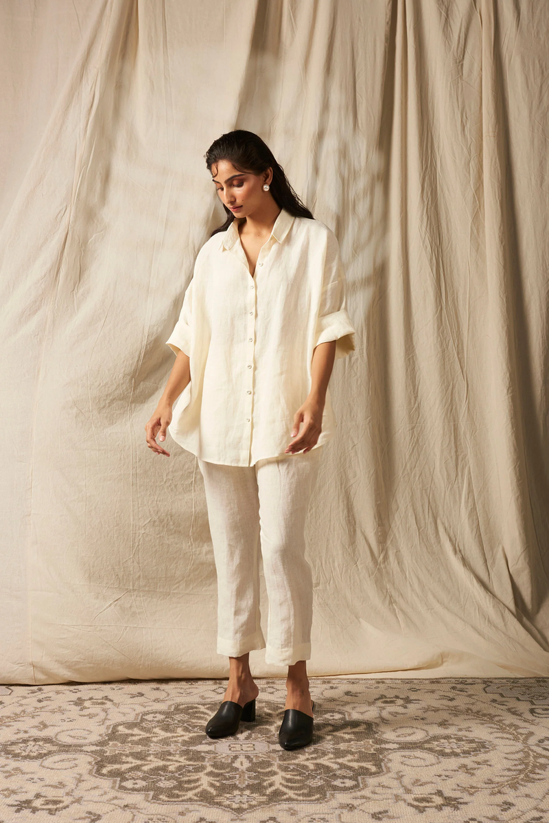Taj Linen Oversized Flare Shirt Set linen by Saphed in white color for women Worldwide