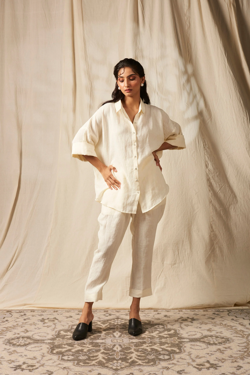 Taj Linen Oversized Flare Shirt Set linen by Saphed in white color for women Worldwide