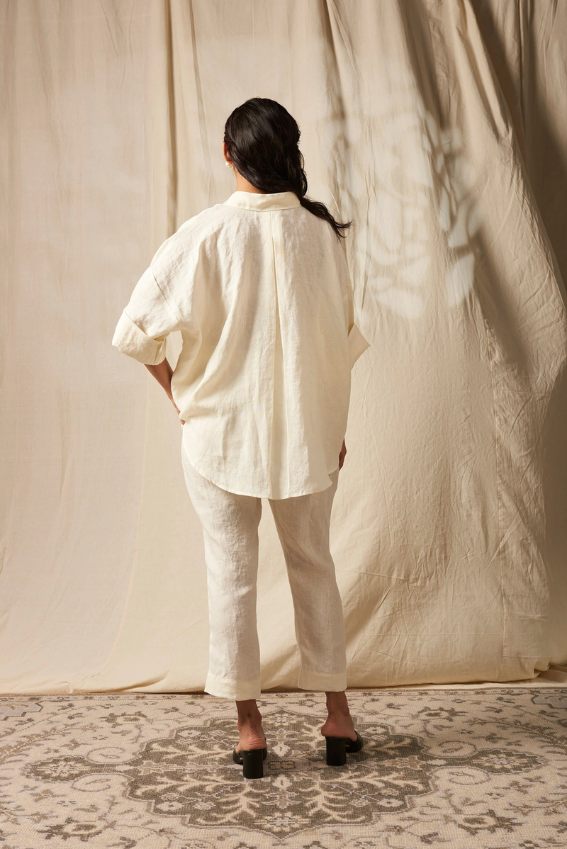 Taj Linen Oversized Flare Shirt Set linen by Saphed in white color for women Worldwide