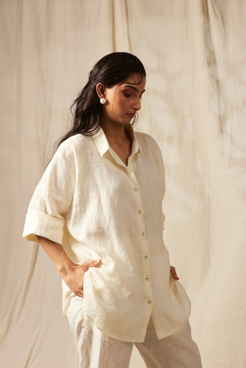 Taj Linen Oversized Flare Shirt Set linen by Saphed in white color for women Worldwide