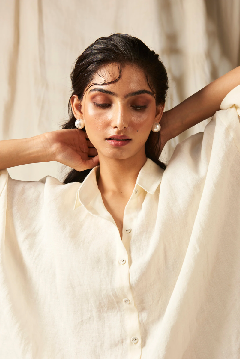 Taj Linen Oversized Flare Shirt Set linen by Saphed in white color for women Worldwide