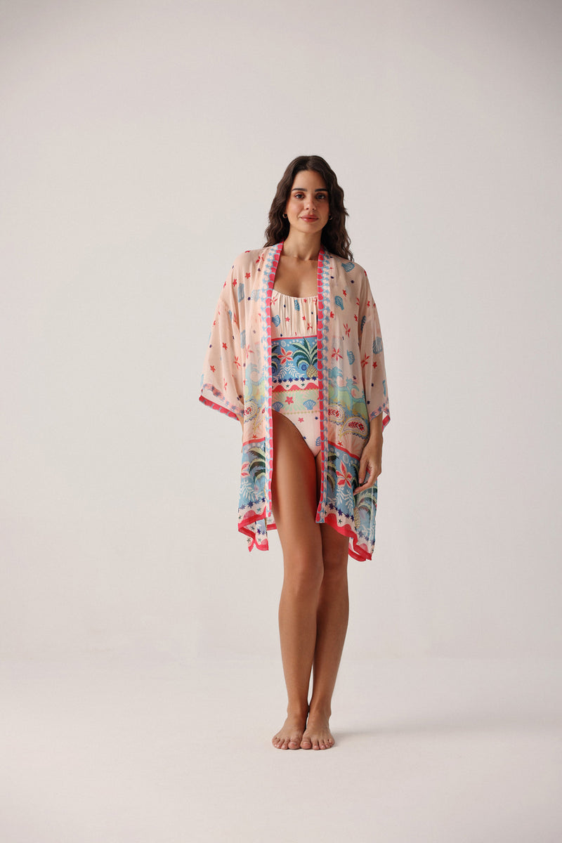 Sia Coverup-Ananas viscose georgette resort wear by NOIB in pink for women Worldwide