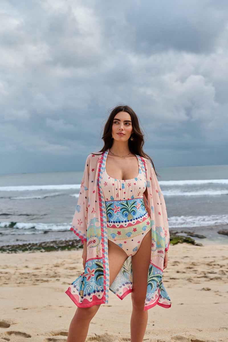 Sia Coverup-Ananas viscose georgette resort wear by NOIB in pink for women Worldwide