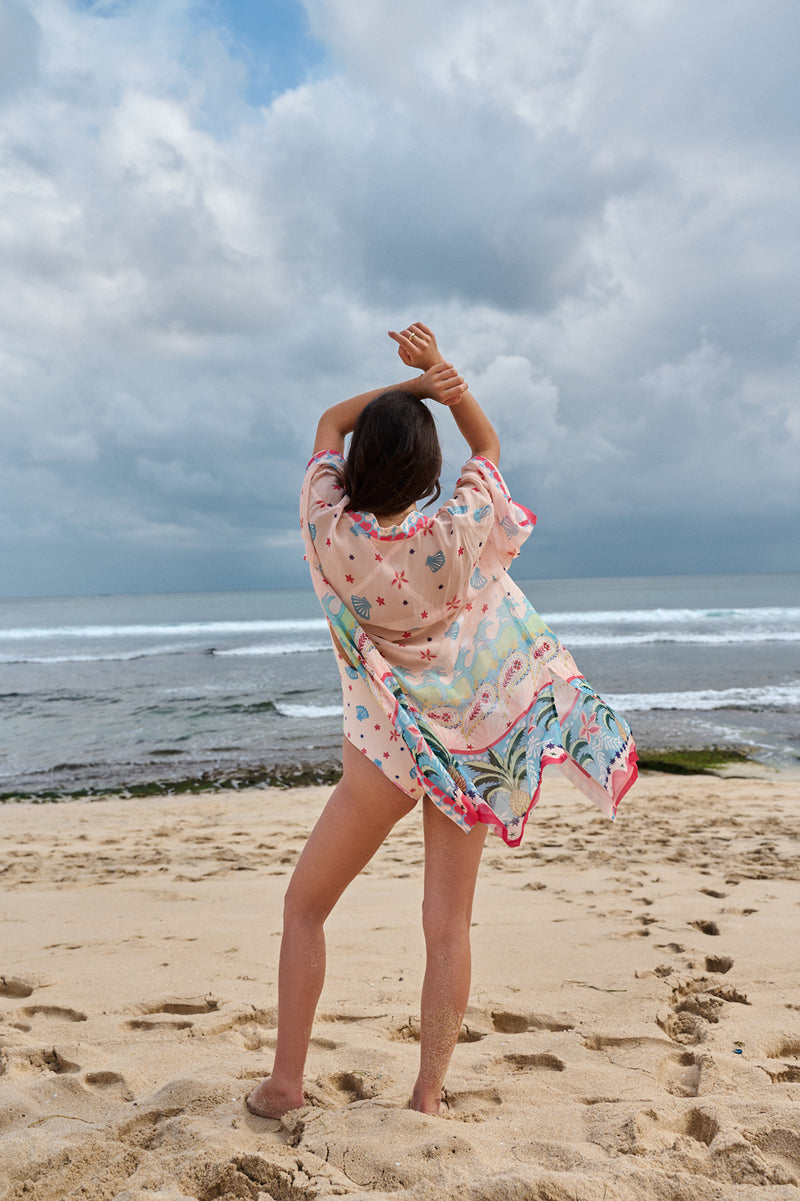 Sia Coverup-Ananas viscose georgette resort wear by NOIB in pink for women Worldwide