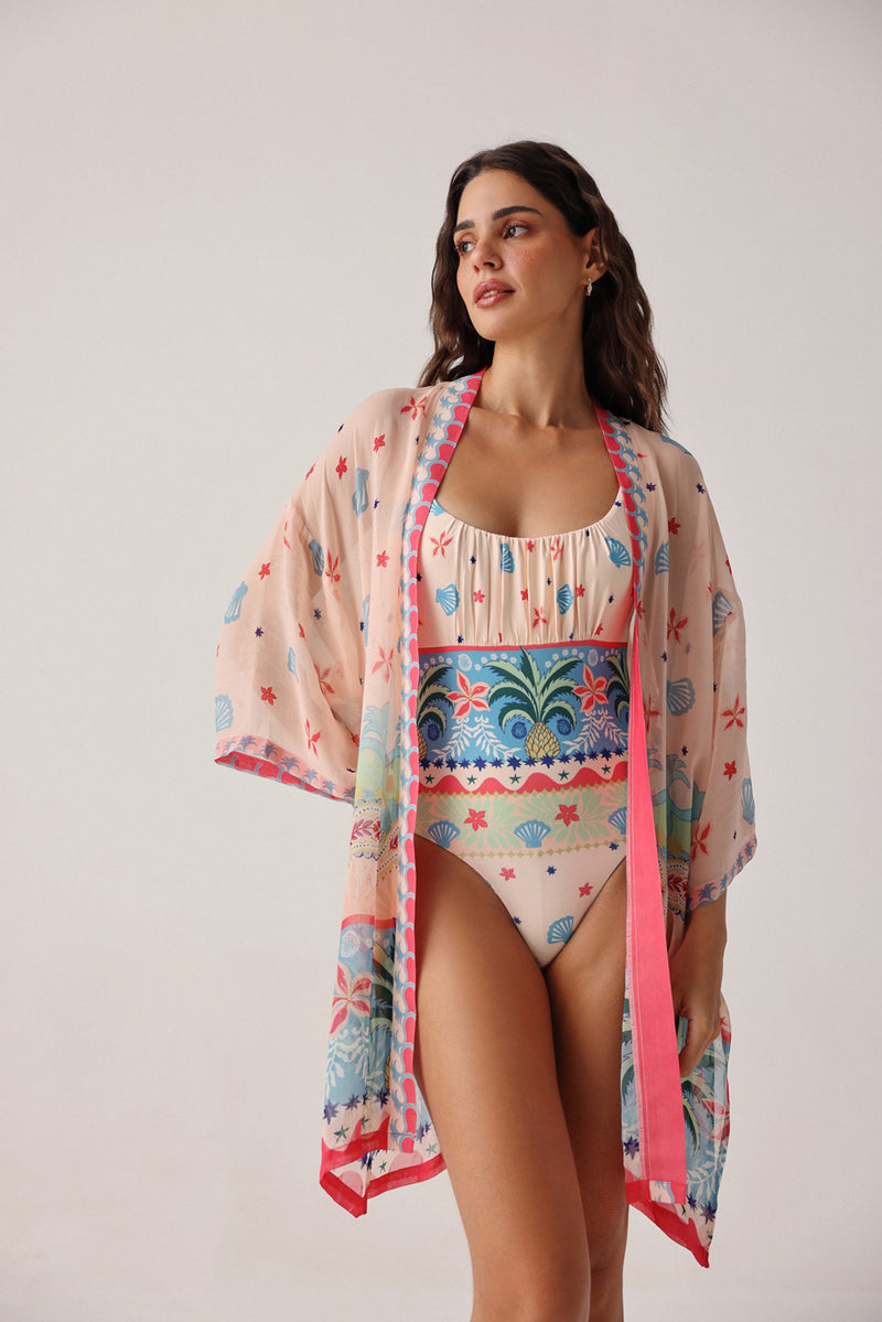 Sia Coverup-Ananas viscose georgette resort wear by NOIB in pink for women Worldwide