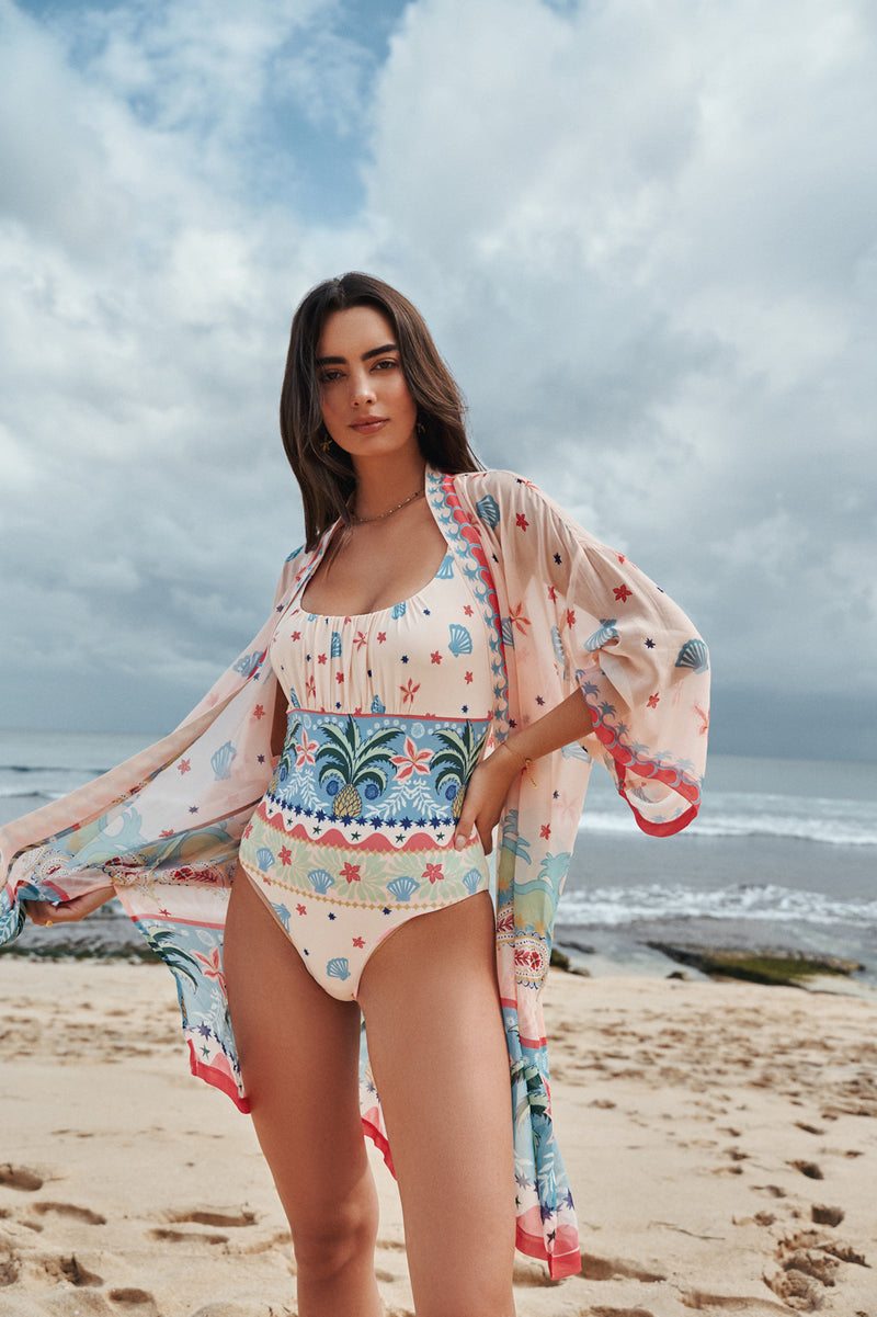 Sia Coverup-Ananas viscose georgette resort wear by NOIB in pink for women Worldwide