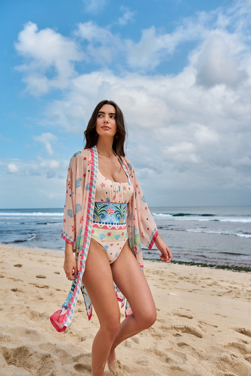 Sia Coverup-Ananas viscose georgette resort wear by NOIB in pink for women Worldwide