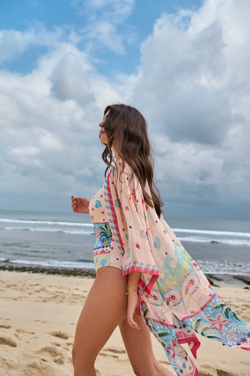 Sia Coverup-Ananas viscose georgette resort wear by NOIB in pink for women Worldwide