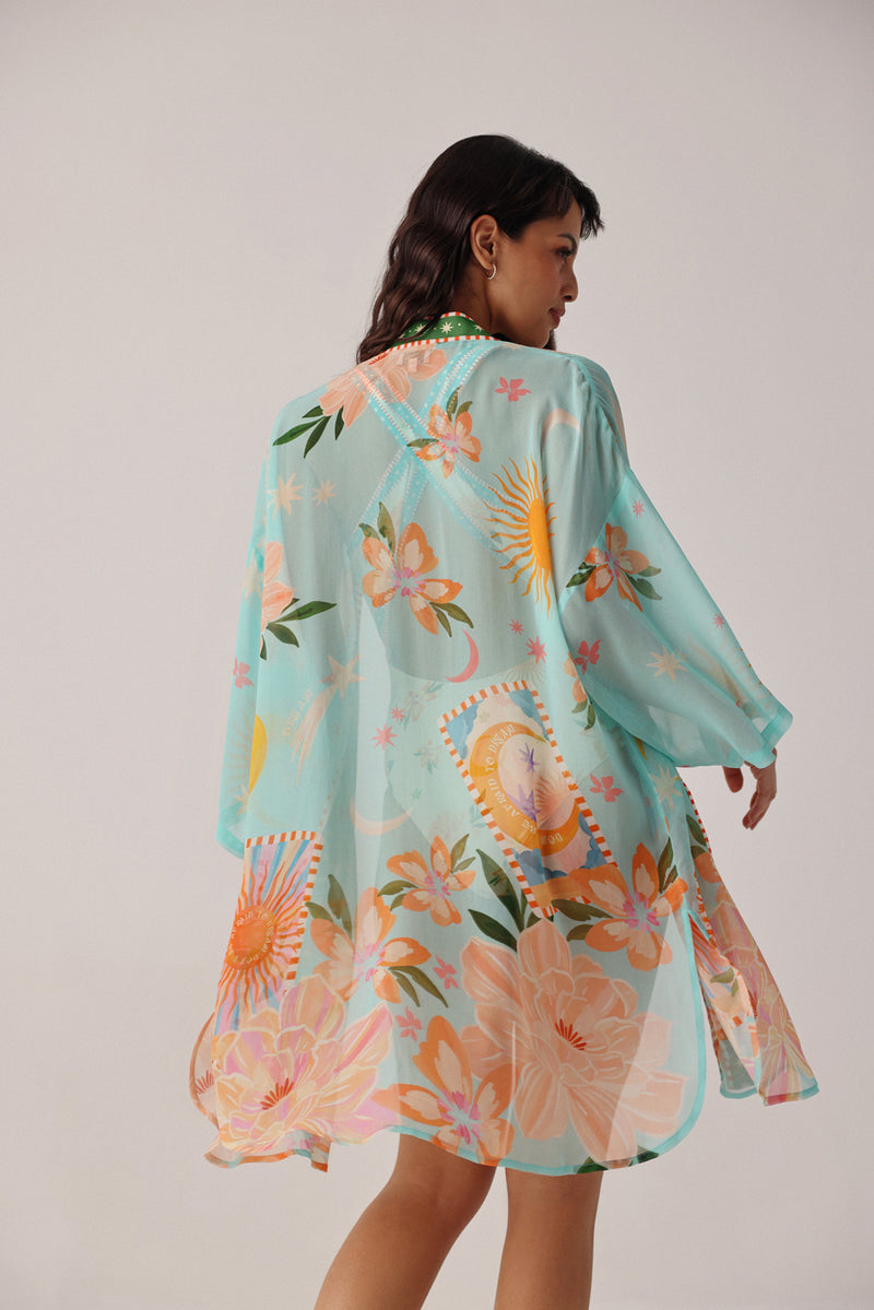 Sia Coverup-Azure viscose georgette resort wear by NOIB in blue for women Worldwide