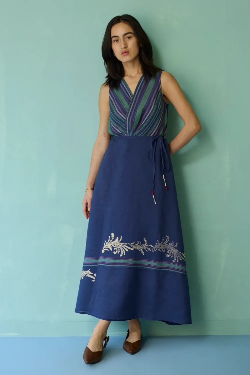 Sira Border Linen Floral Wrap Dress - Indigo linen dress by Manan in navy for women Worldwide
