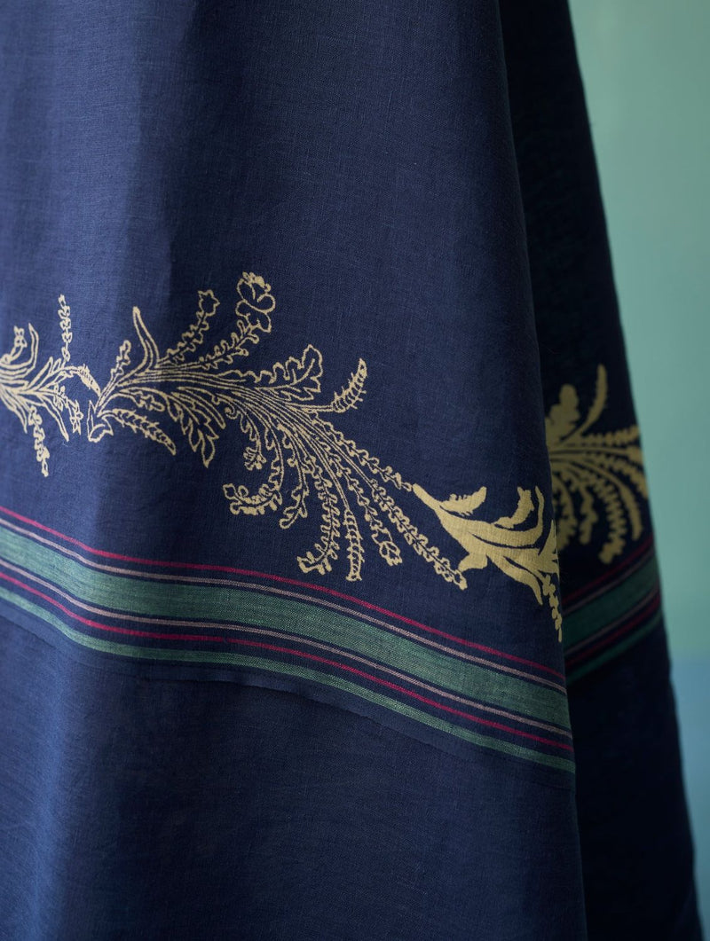 Sira Border Linen Floral Wrap Dress - Indigo linen dress by Manan in navy for women Worldwide