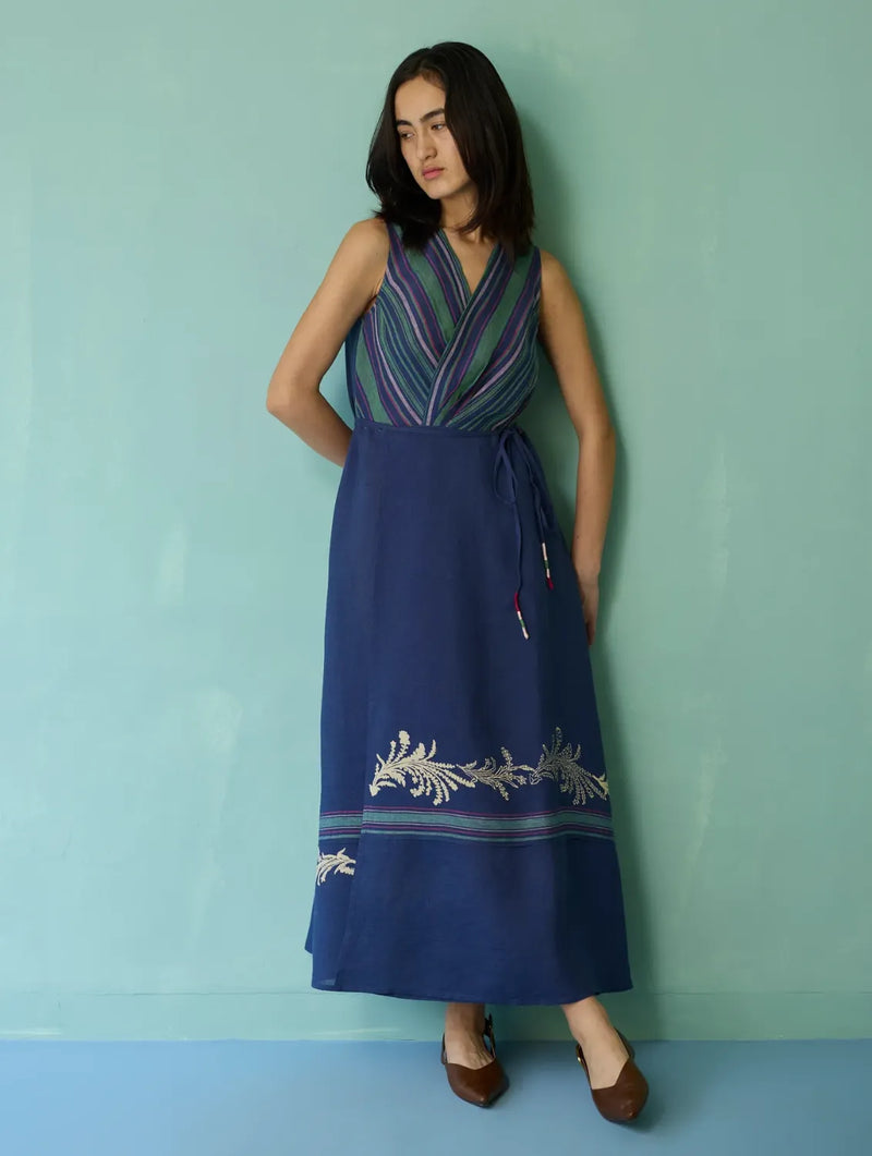 Sira Border Linen Floral Wrap Dress - Indigo linen dress by Manan in navy for women Worldwide