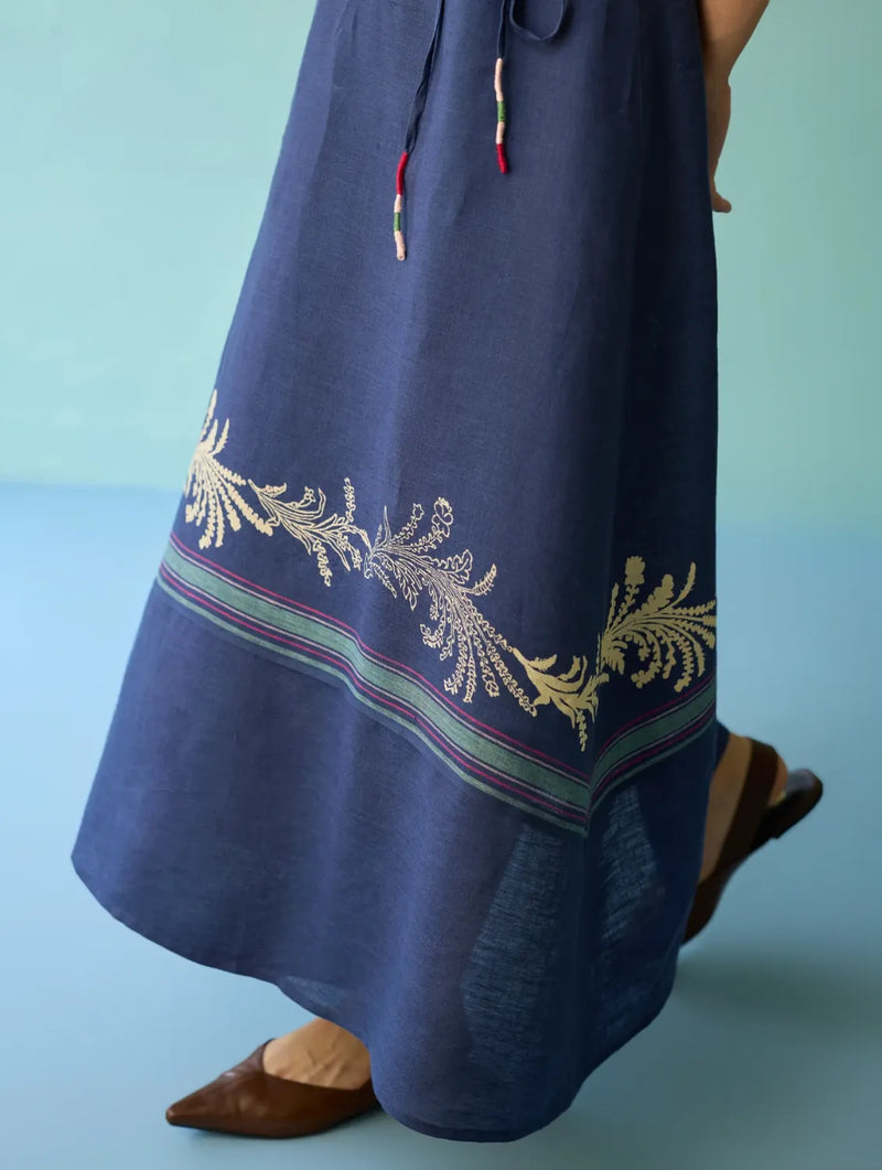Sira Border Linen Floral Wrap Dress - Indigo linen dress by Manan in navy for women Worldwide