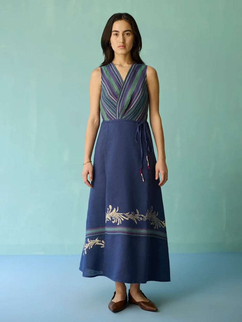 Sira Border Linen Floral Wrap Dress - Indigo linen dress by Manan in navy for women Worldwide