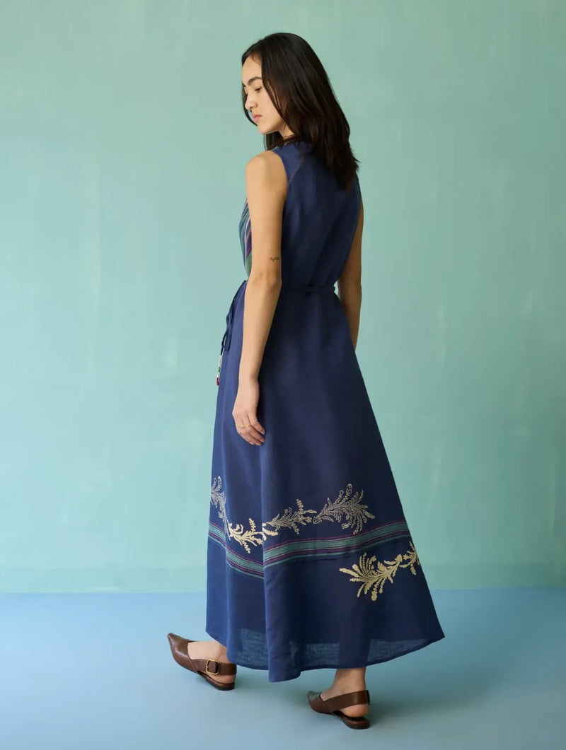Sira Border Linen Floral Wrap Dress - Indigo linen dress by Manan in navy for women Worldwide