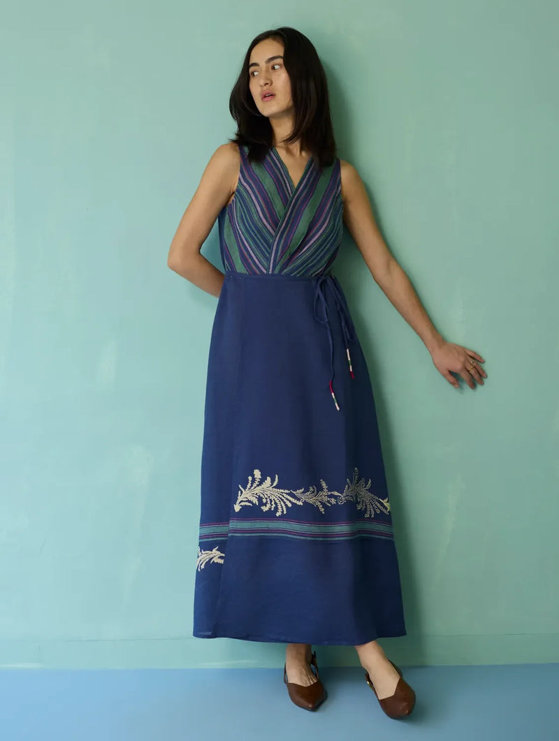 Sira Border Linen Floral Wrap Dress - Indigo linen dress by Manan in navy for women Worldwide