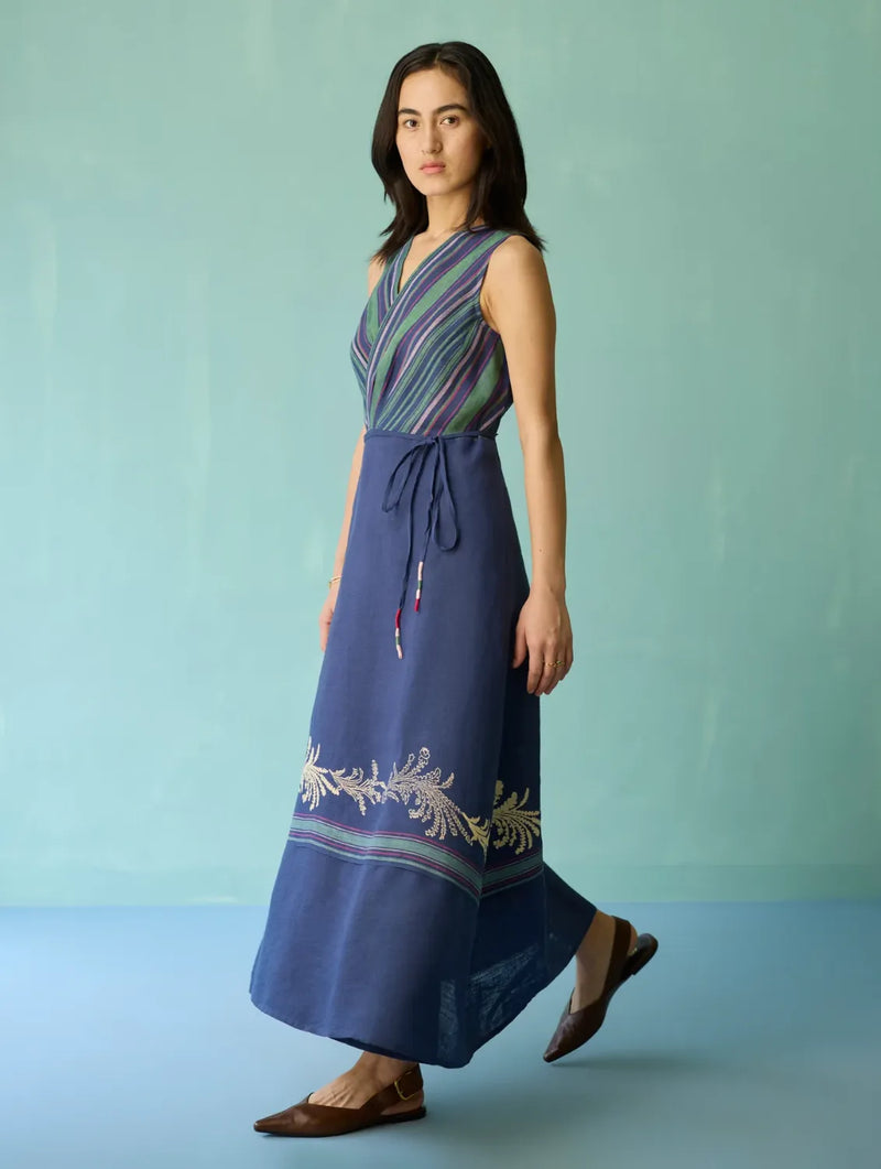 Sira Border Linen Floral Wrap Dress - Indigo linen dress by Manan in navy for women Worldwide