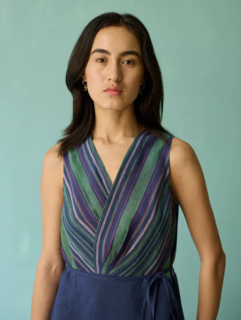 Sira Border Linen Floral Wrap Dress - Indigo linen dress by Manan in navy for women Worldwide