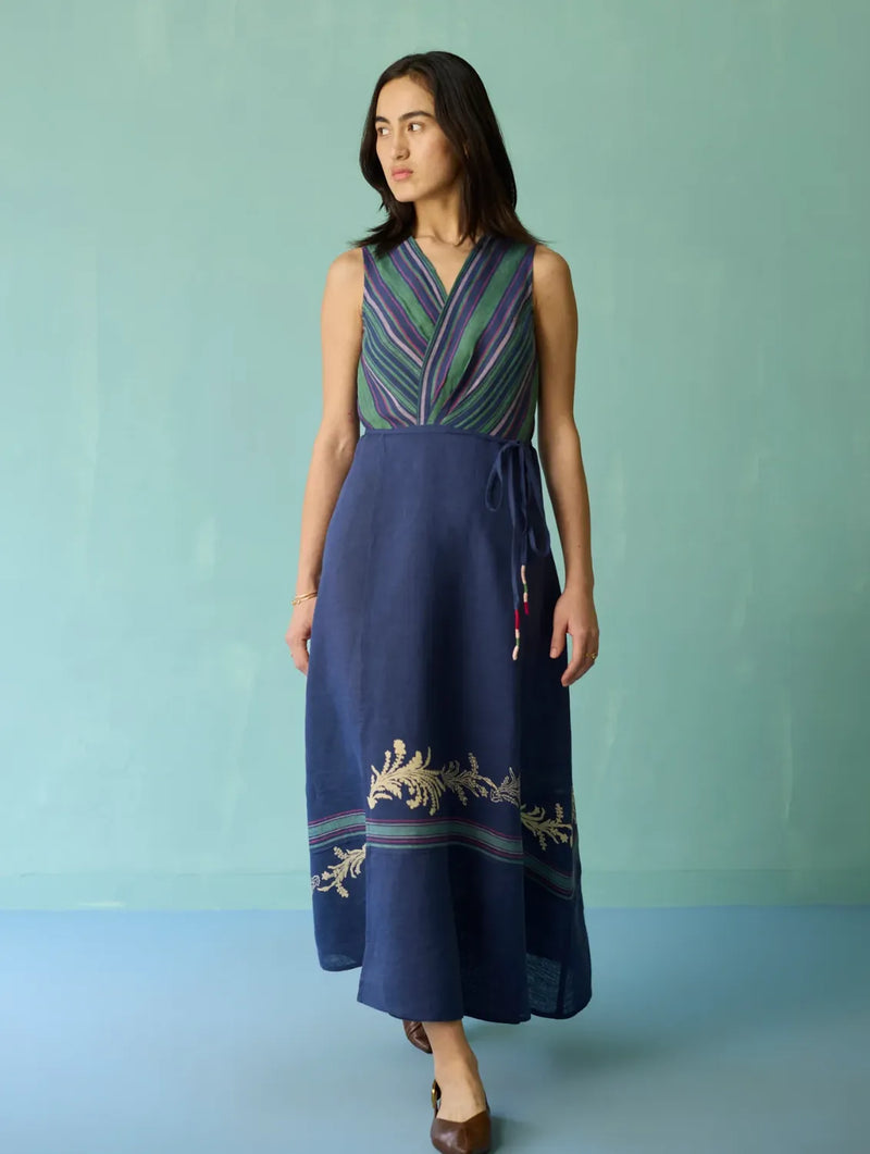Sira Border Linen Floral Wrap Dress - Indigo linen dress by Manan in navy for women Worldwide