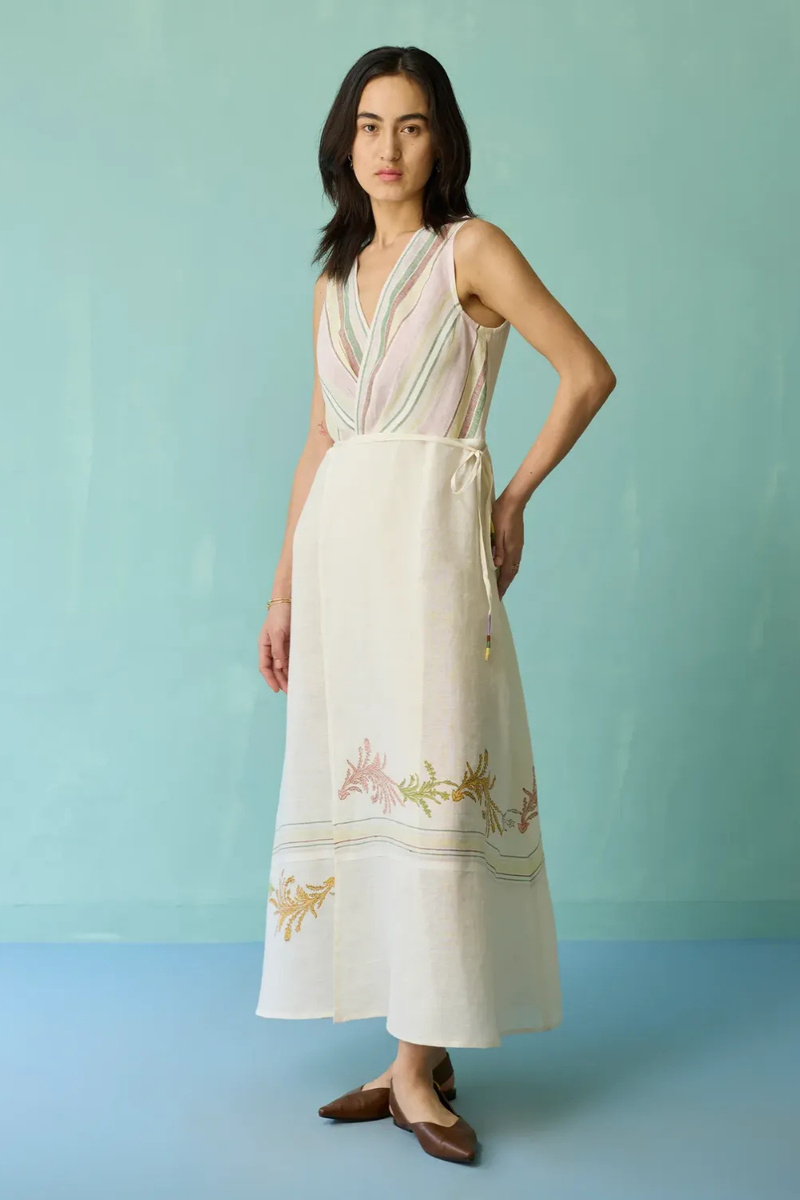 Sira Border Linen Floral Wrap Dress - Ivory linen dress by Manan in ivory for women Worldwide