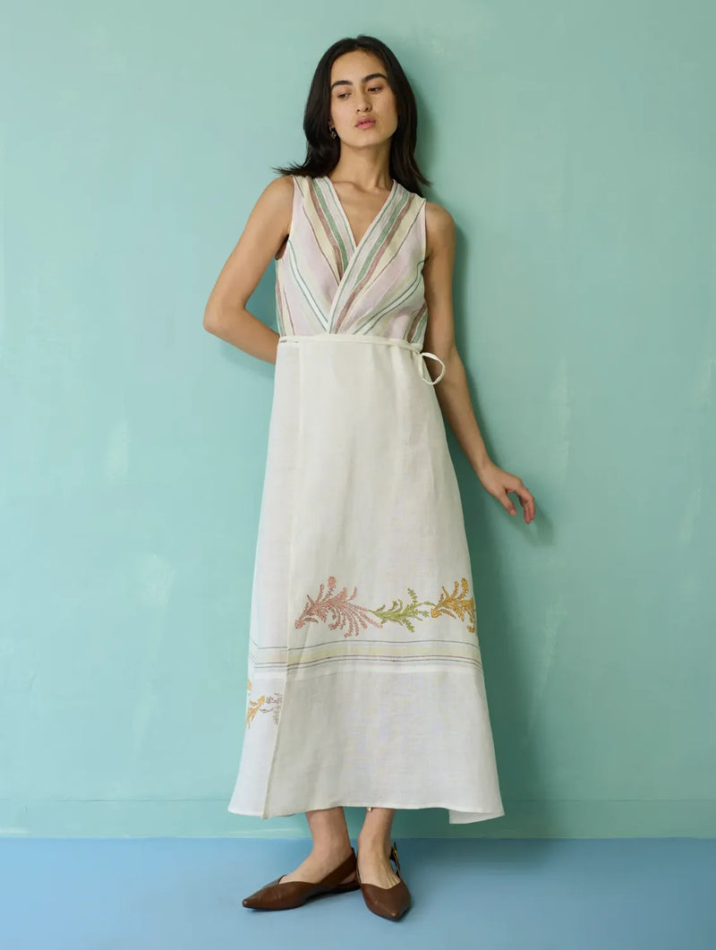 Sira Border Linen Floral Wrap Dress - Ivory linen dress by Manan in ivory for women Worldwide