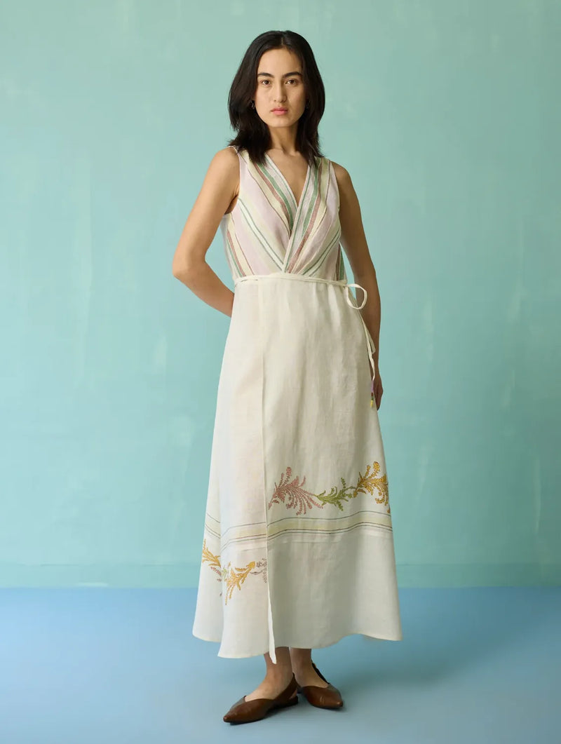 Sira Border Linen Floral Wrap Dress - Ivory linen dress by Manan in ivory for women Worldwide