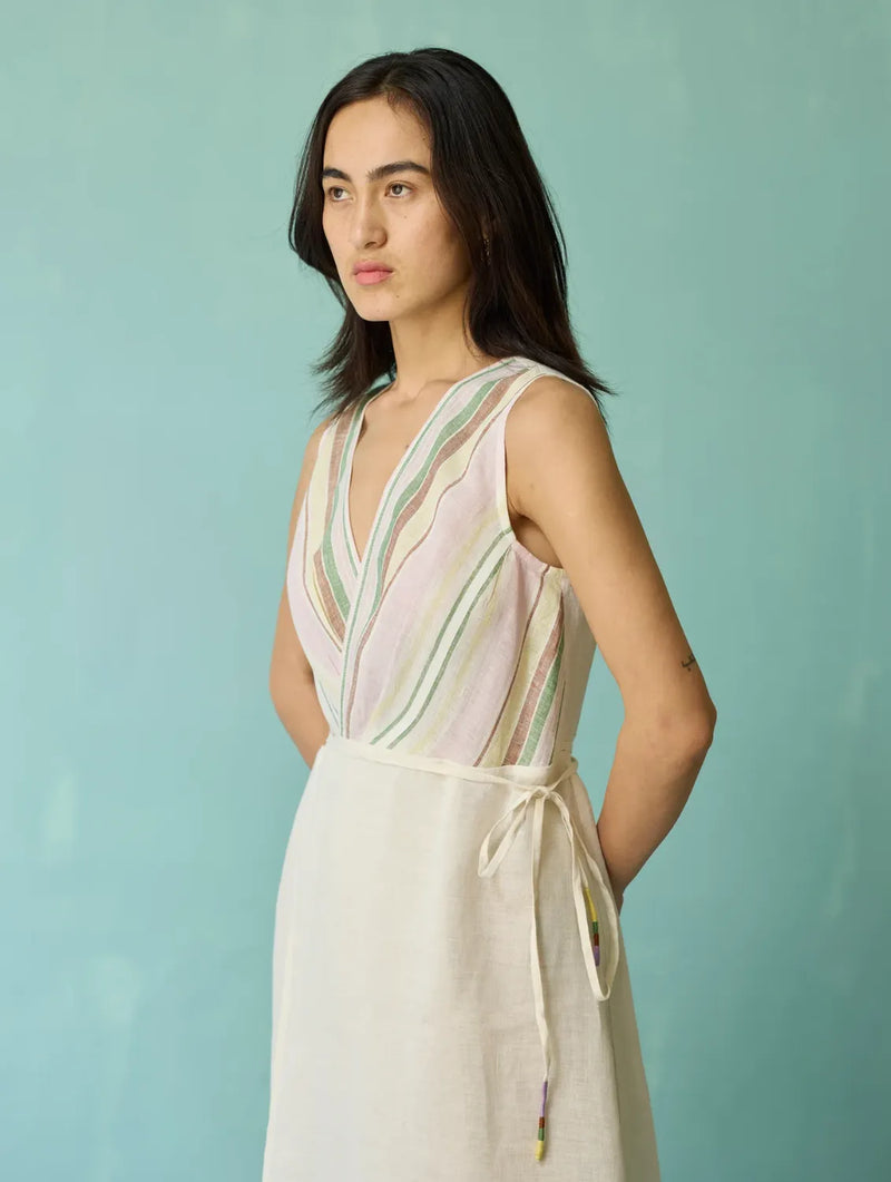 Sira Border Linen Floral Wrap Dress - Ivory linen dress by Manan in ivory for women Worldwide