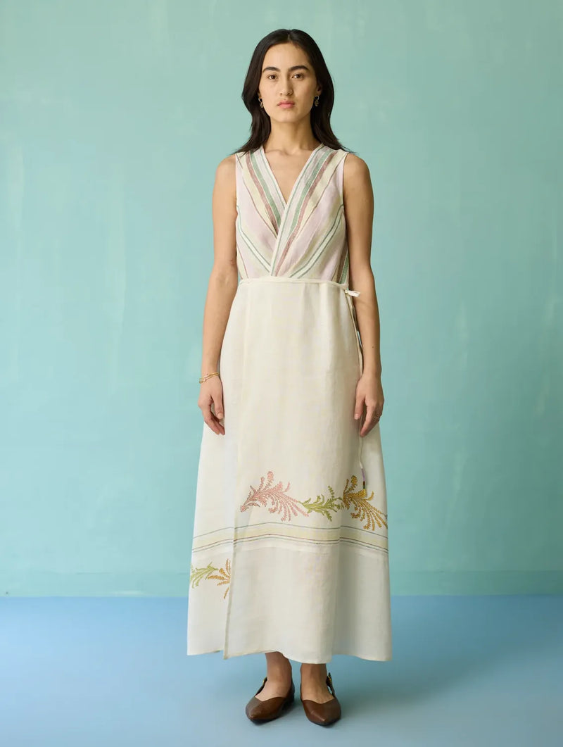 Sira Border Linen Floral Wrap Dress - Ivory linen dress by Manan in ivory for women Worldwide