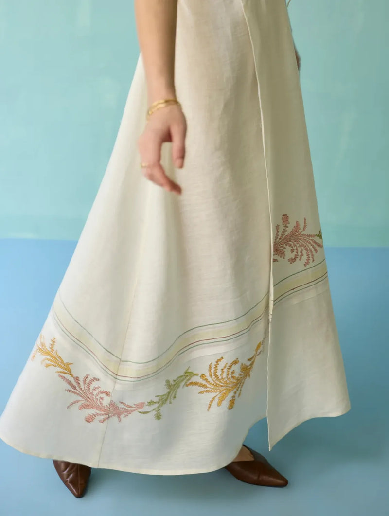 Sira Border Linen Floral Wrap Dress - Ivory linen dress by Manan in ivory for women Worldwide
