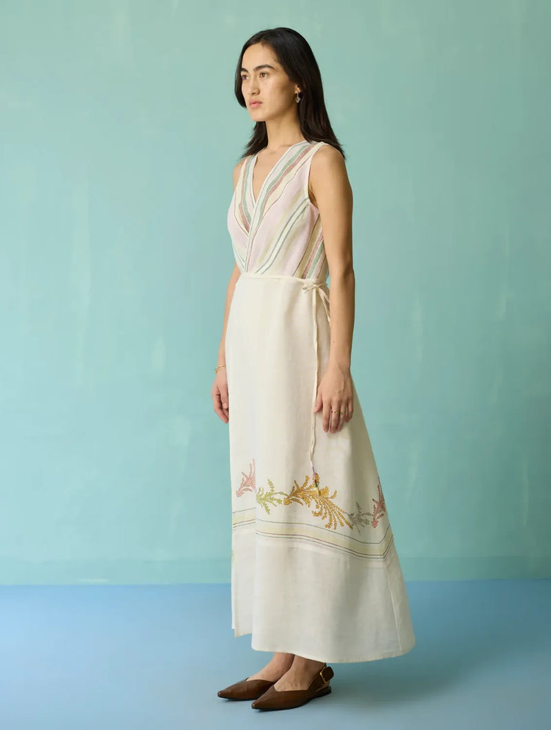 Sira Border Linen Floral Wrap Dress - Ivory linen dress by Manan in ivory for women Worldwide