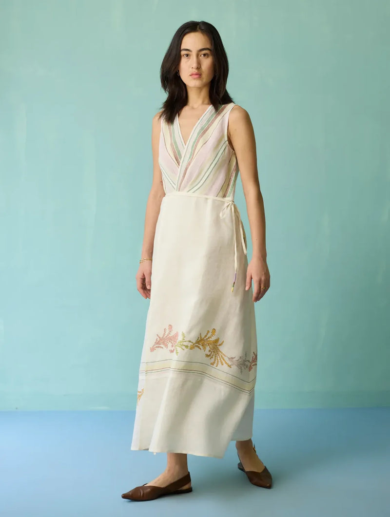 Sira Border Linen Floral Wrap Dress - Ivory linen dress by Manan in ivory for women Worldwide