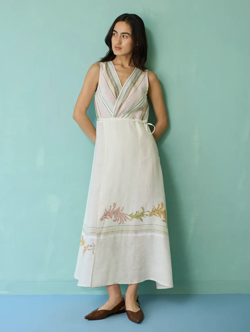 Sira Border Linen Floral Wrap Dress - Ivory linen dress by Manan in ivory for women Worldwide