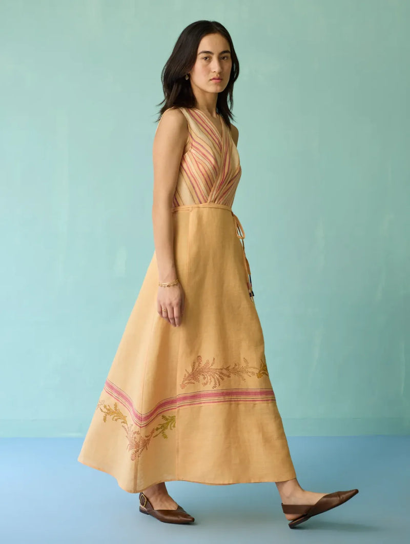 Sira Border Linen Floral Wrap Dress - Apricot linen dress by Manan in apricot for women Worldwide