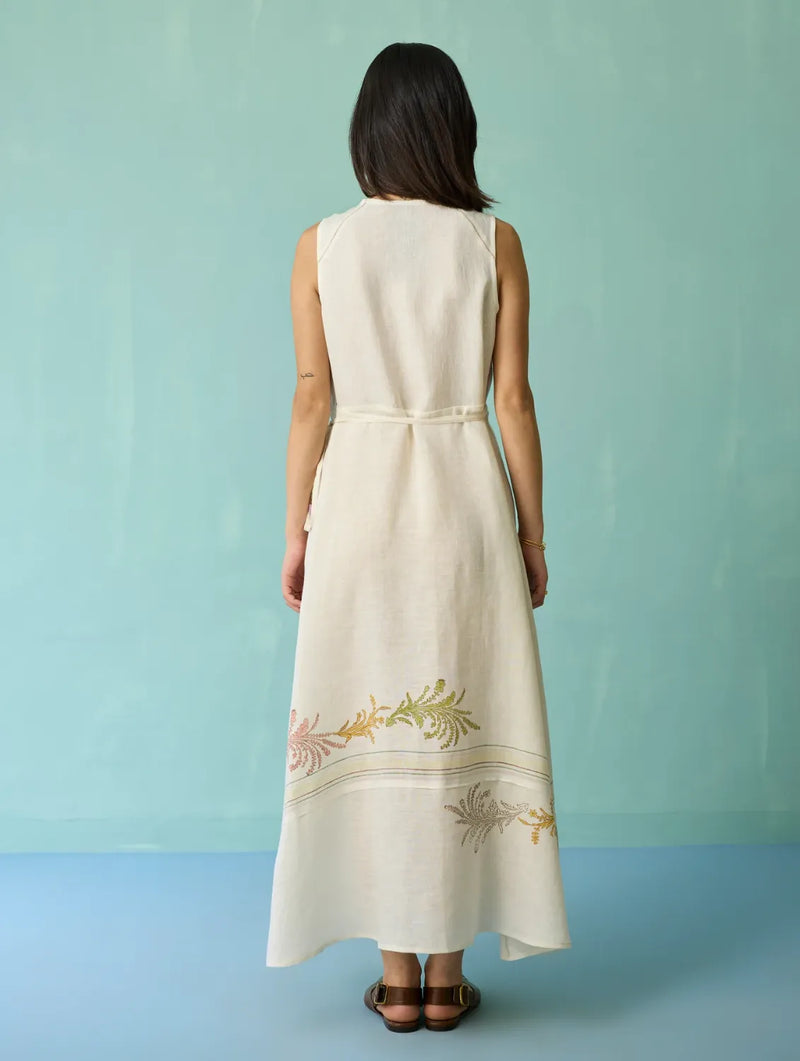 Sira Border Linen Floral Wrap Dress - Ivory linen dress by Manan in ivory for women Worldwide
