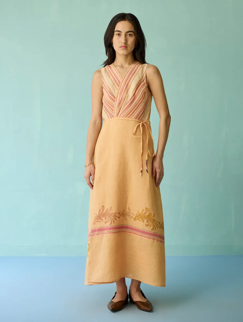 Sira Border Linen Floral Wrap Dress - Apricot linen dress by Manan in apricot for women Worldwide