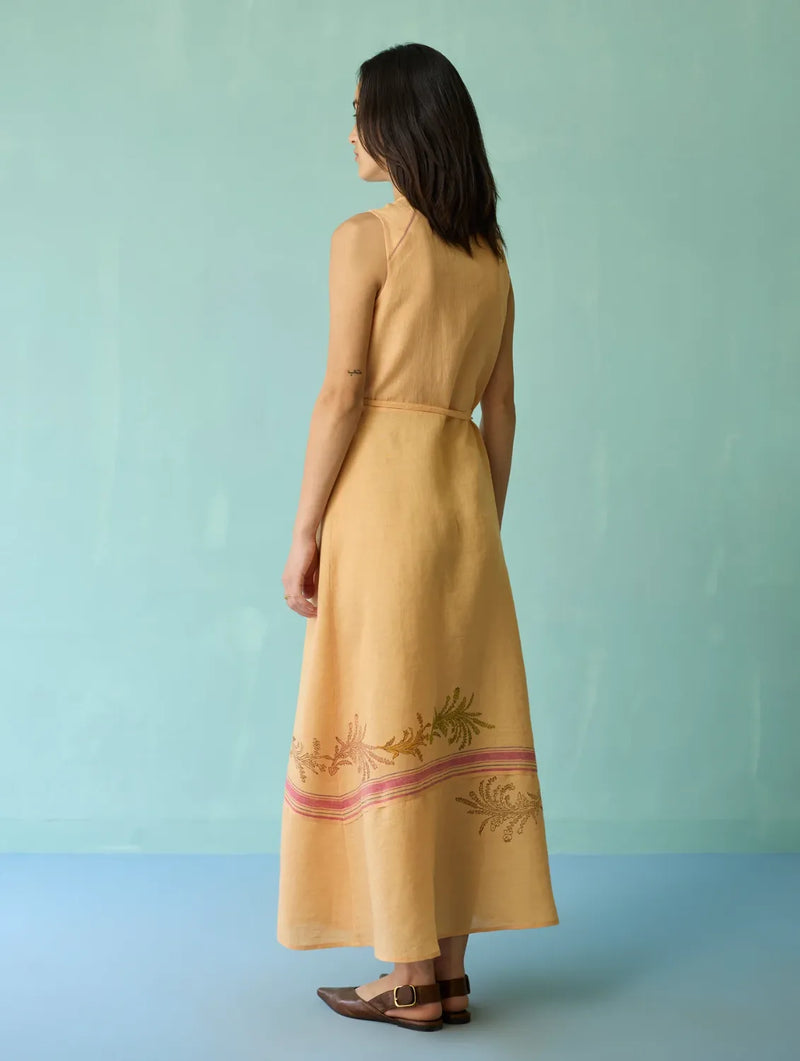 Sira Border Linen Floral Wrap Dress - Apricot linen dress by Manan in apricot for women Worldwide
