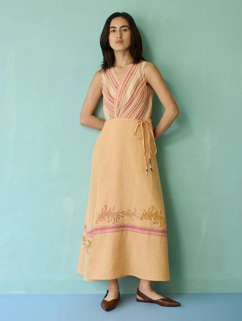 Sira Border Linen Floral Wrap Dress - Apricot linen dress by Manan in apricot for women Worldwide