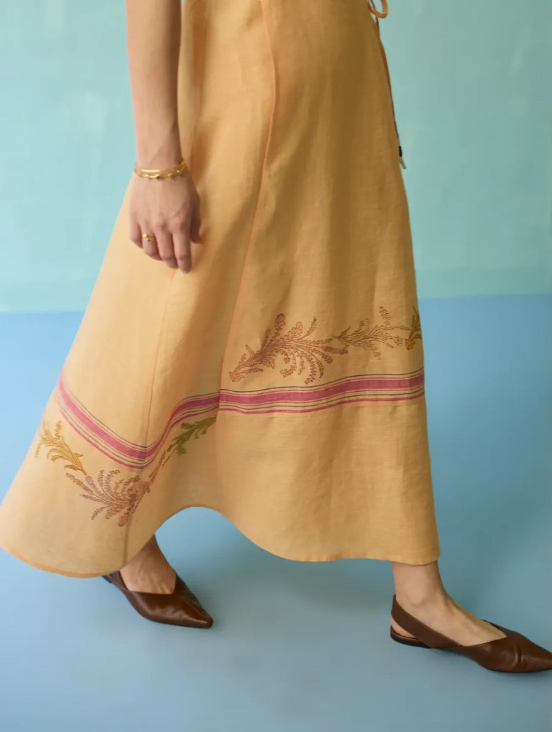 Sira Border Linen Floral Wrap Dress - Apricot linen dress by Manan in apricot for women Worldwide