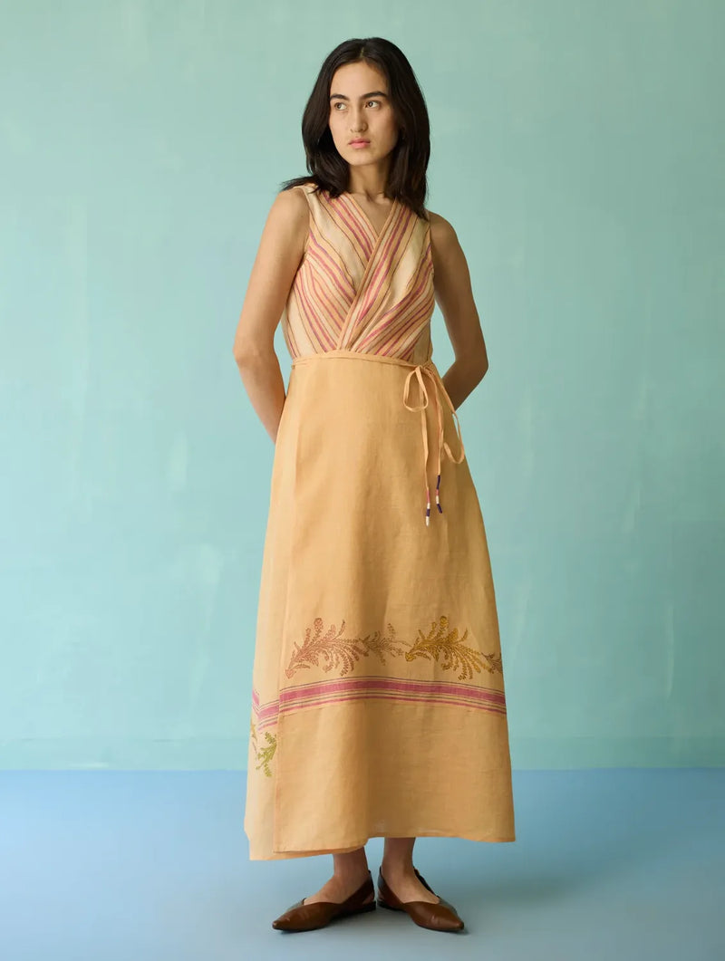 Sira Border Linen Floral Wrap Dress - Apricot linen dress by Manan in apricot for women Worldwide