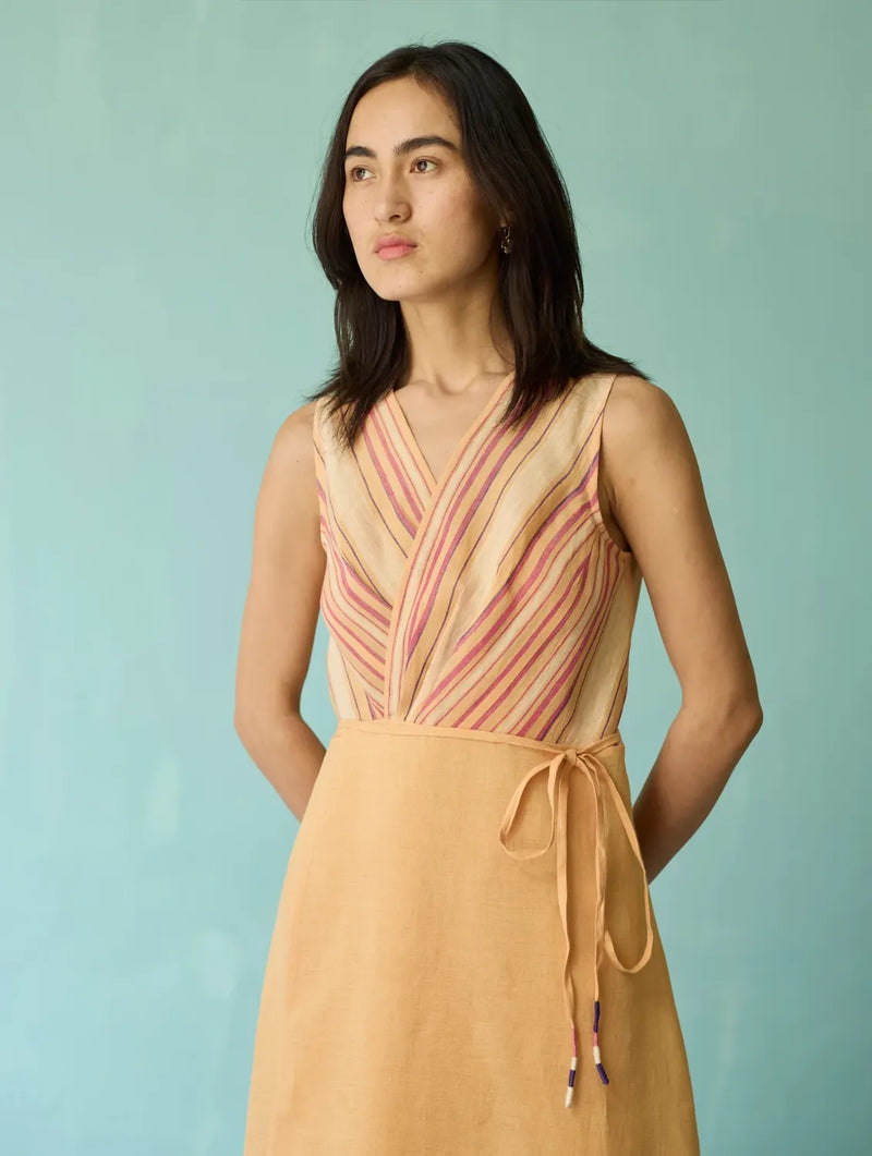 Sira Border Linen Floral Wrap Dress - Apricot linen dress by Manan in apricot for women Worldwide