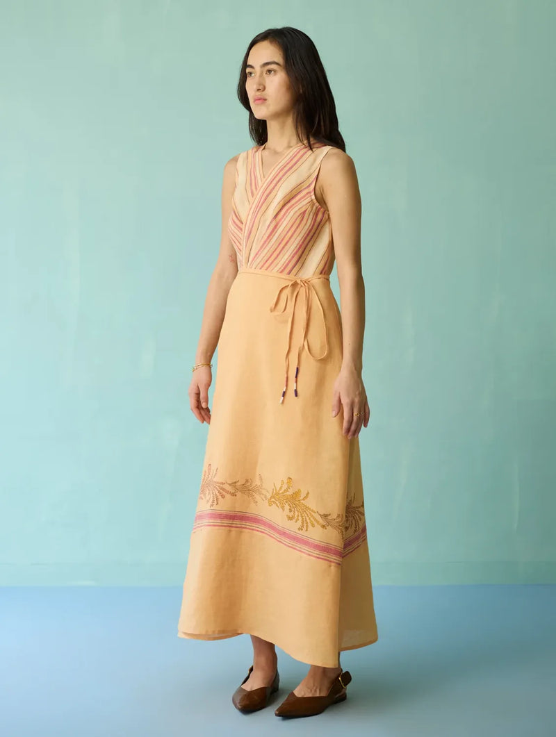 Sira Border Linen Floral Wrap Dress - Apricot linen dress by Manan in apricot for women Worldwide