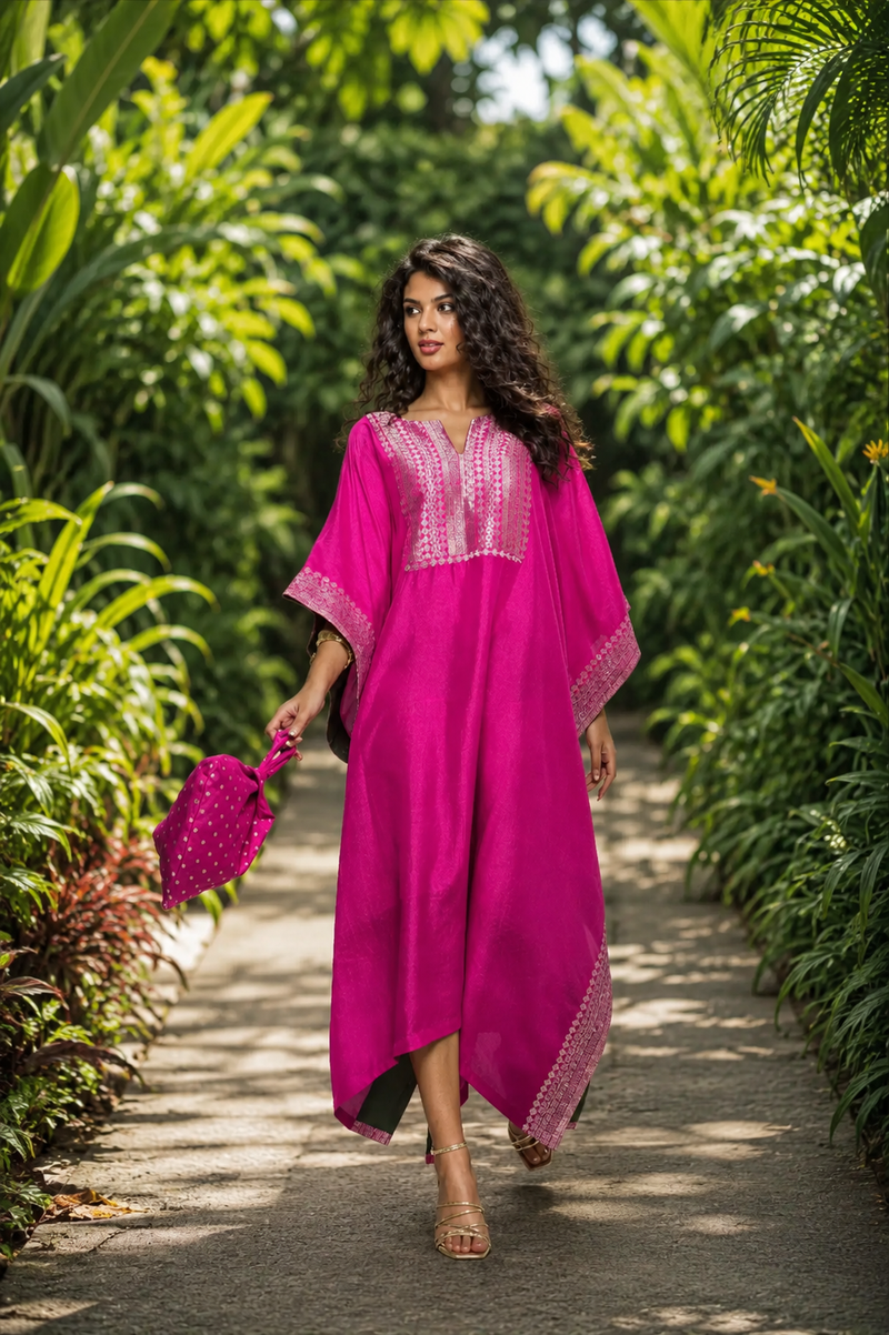 Siya- Silk Kaftan With Brocade Detail - Pink silk by SOBARIKO in pink color for women Worldwide