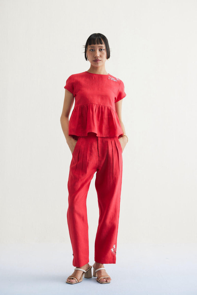 Slow Living Linen Peplum Top by SUI in red color for women Worldwide