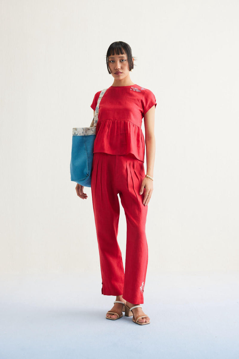 Slow Living Linen Peplum Top by SUI in red color for women Worldwide